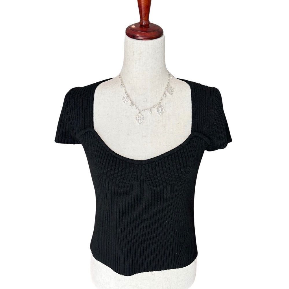 NWT Lucy Paris Short Sleeve Ribbed Scoop Neck Black Top Size Medium